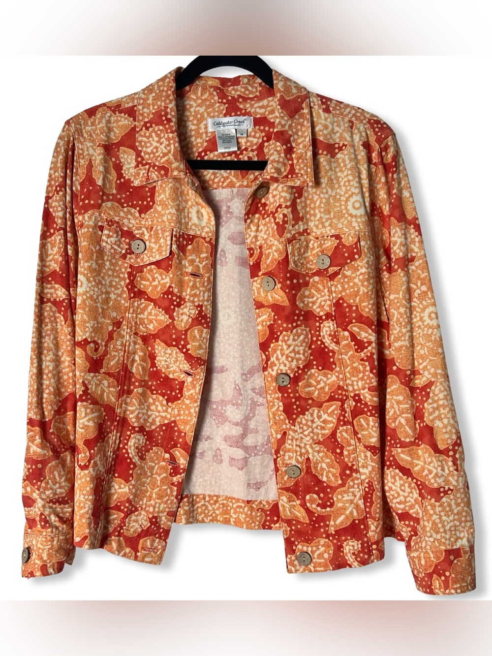 Coldwater Creek Batik Floral Print Linen Rayon Jean Jacket Sz M
